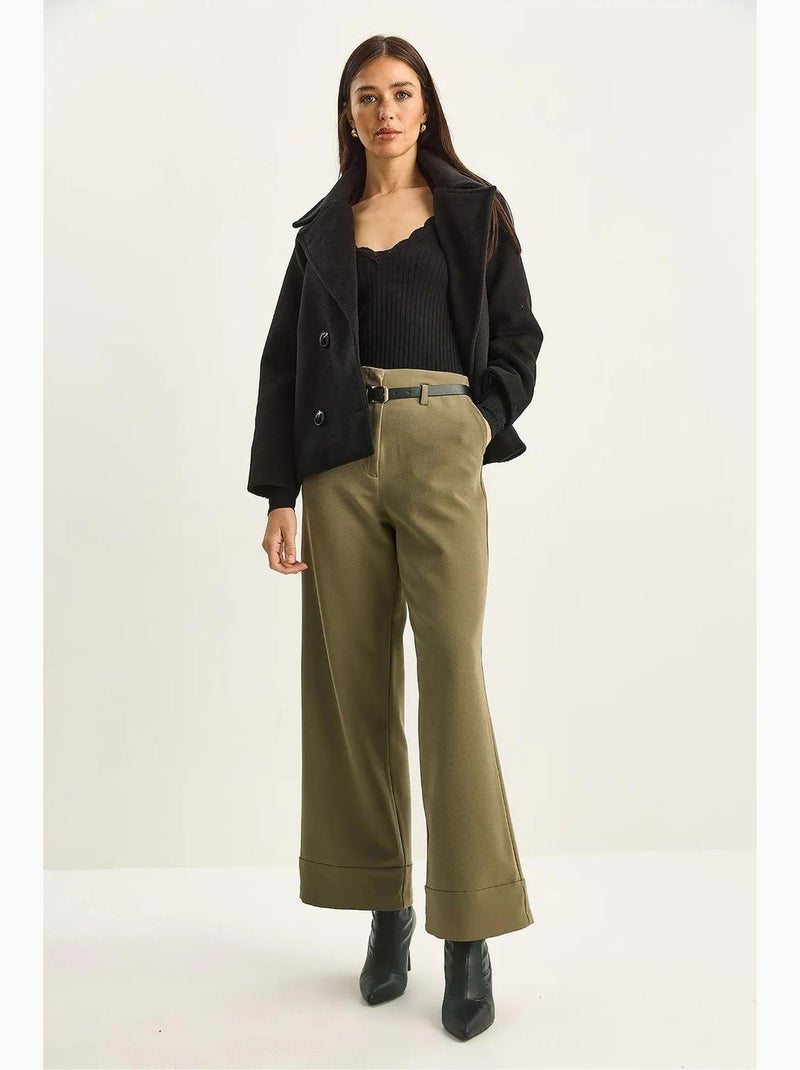 High-waist broek met wijde pijpen lucci Kaki - Kiabi