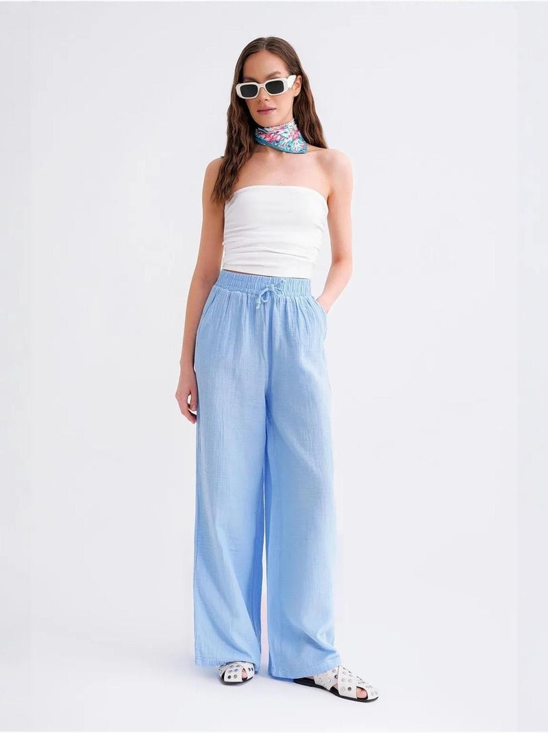 High waist broek van getextureerde mousselin mixray Hemelsblauw - Kiabi