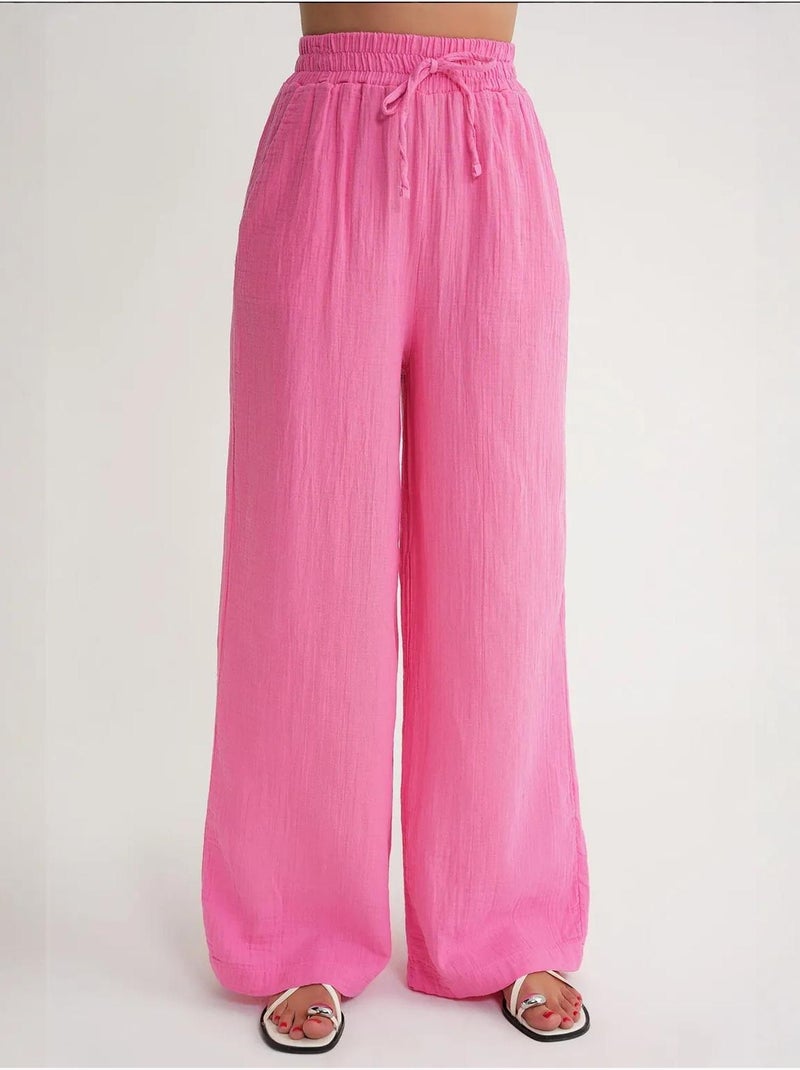 High waist broek van getextureerde mousselin mixray Roze - Kiabi