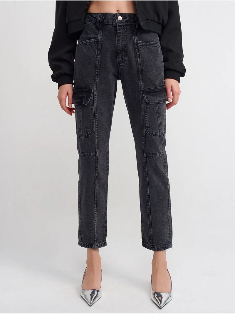 High-waist cargojeans met rechte pijp dilvin Zwart - Kiabi