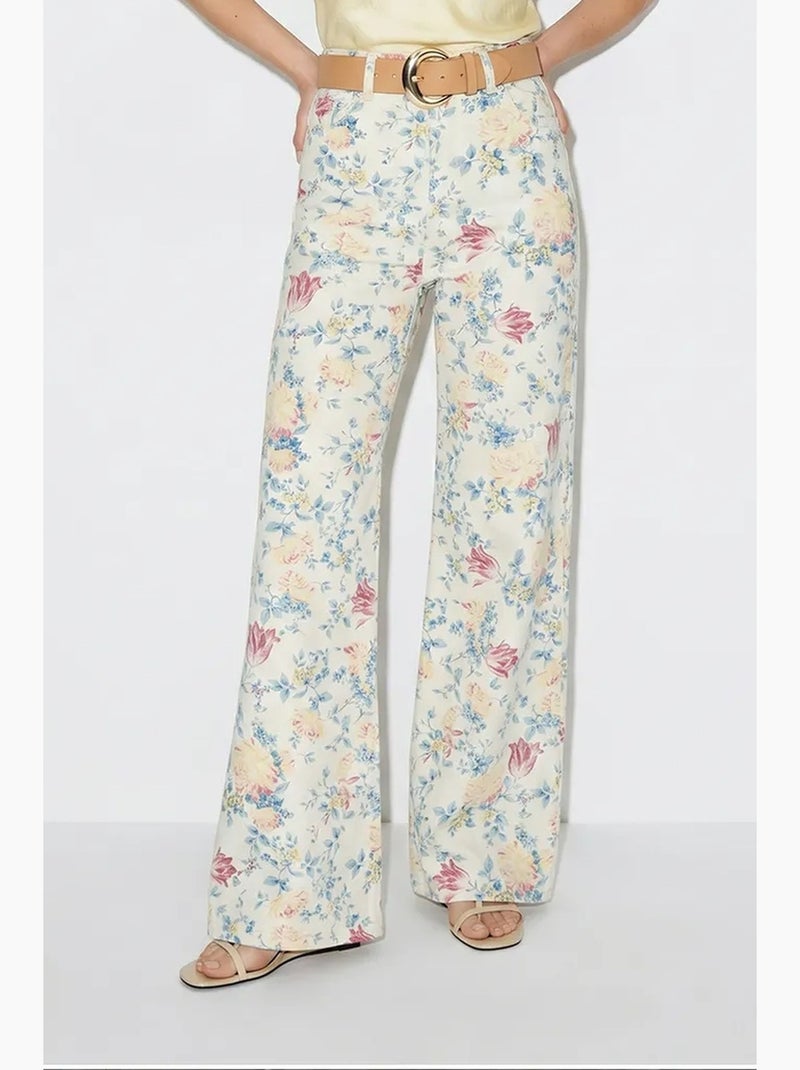 High-waist denim broek met paisleyprint en rechte pijpen lucci Wit - Kiabi