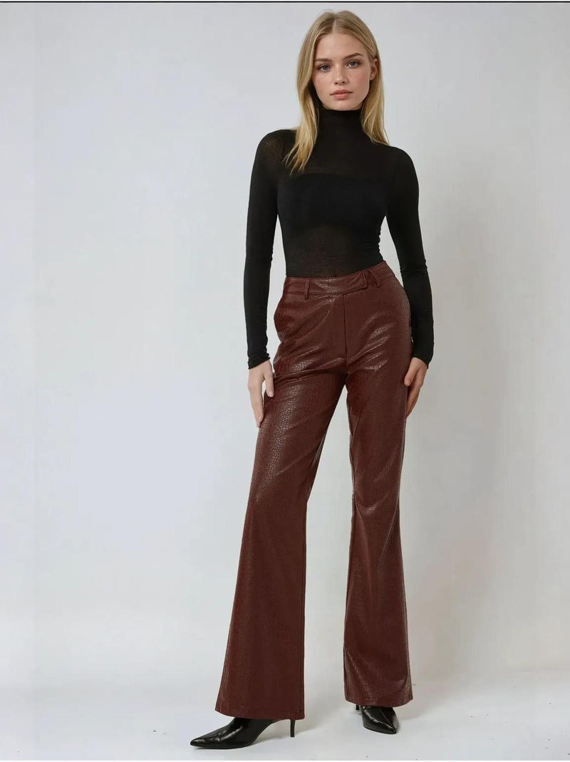 High-waist flared broek van kunstleer hiccup Bordeauxrood - Kiabi