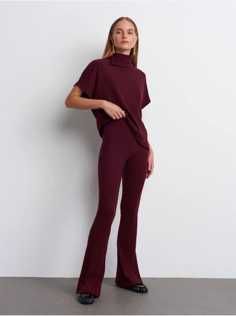 High-waist Flared Broek Van Tricot Bordeauxrood - Kiabi