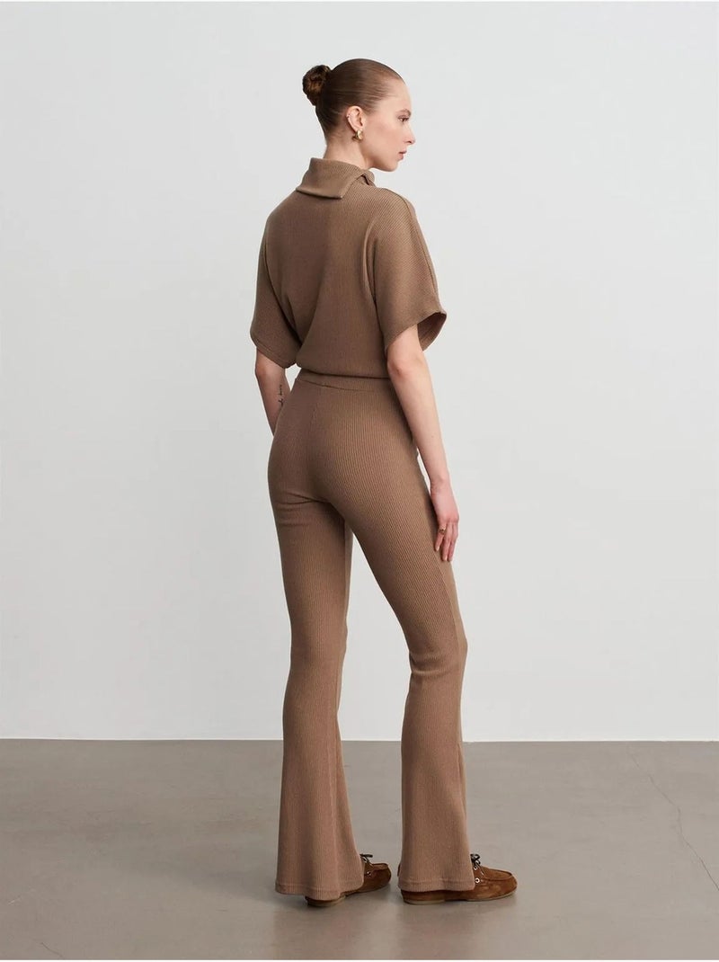High-waist Flared Broek Van Tricot Camel - Kiabi