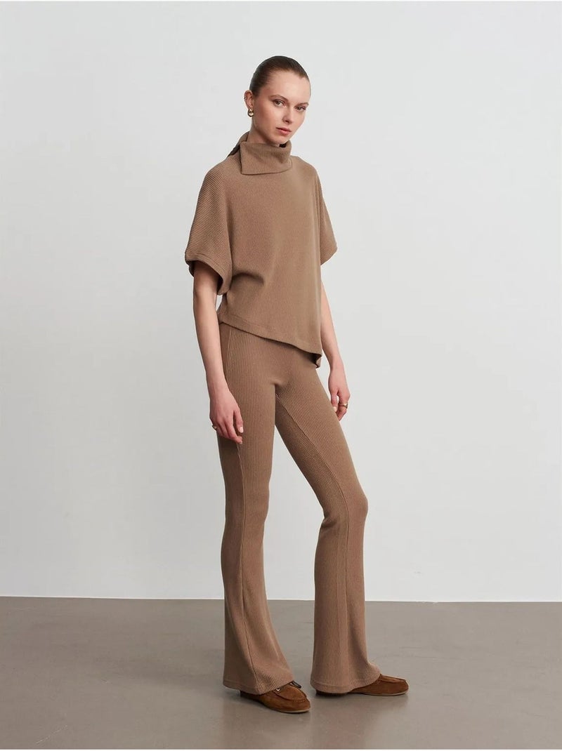 High-waist Flared Broek Van Tricot Camel - Kiabi