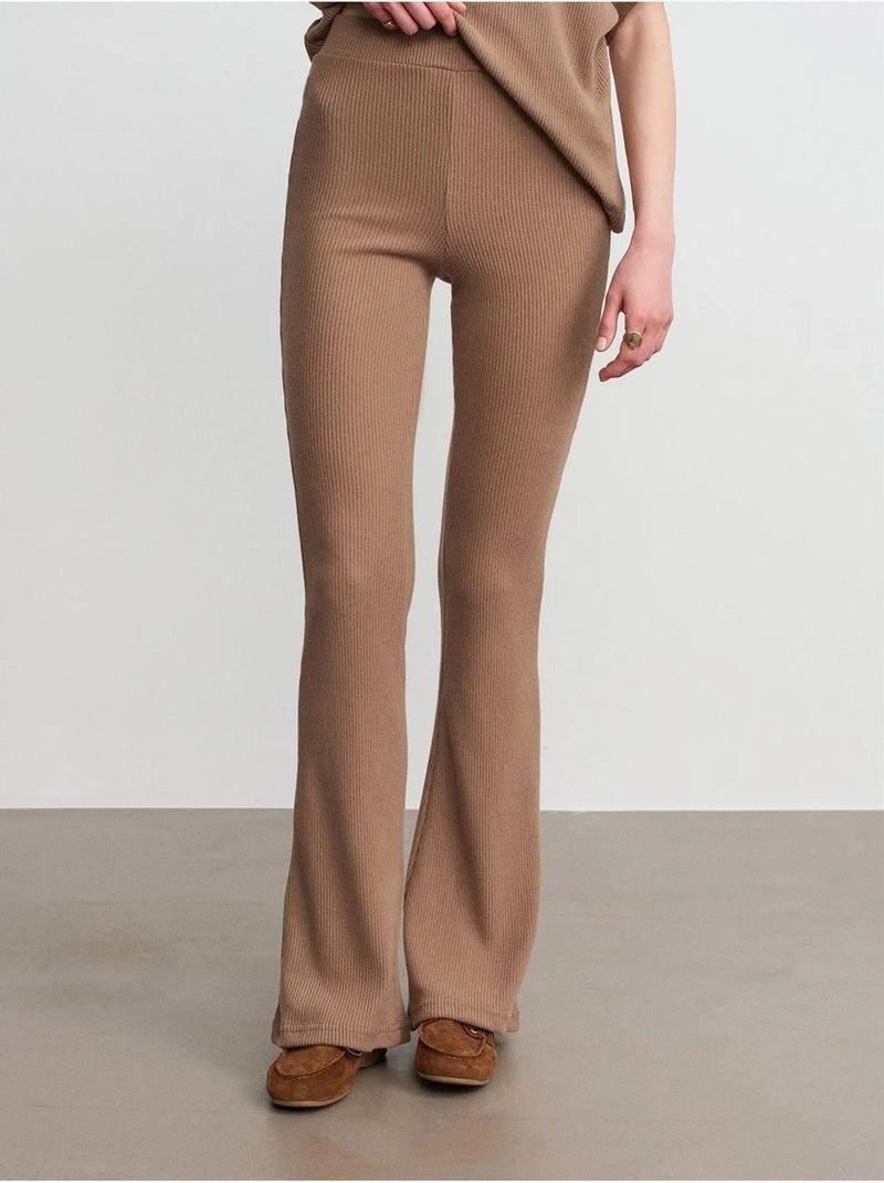 High-waist Flared Broek Van Tricot Camel - Kiabi