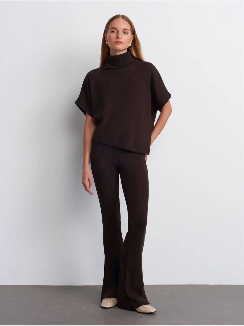 High-waist Flared Broek Van Tricot Chocoladebruin - Kiabi
