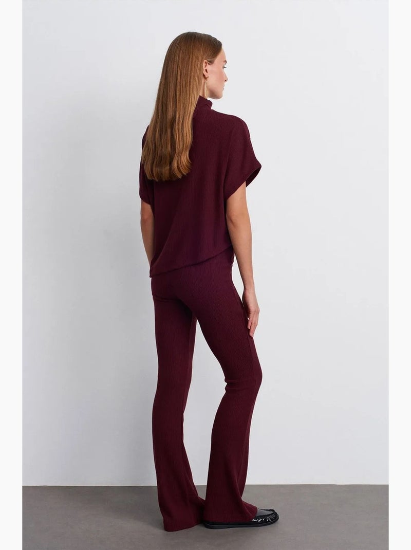 High-waist flared broek van tricot dilvin Bordeauxrood - Kiabi