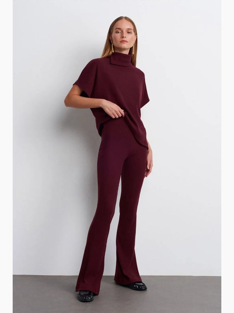 High-waist flared broek van tricot dilvin Bordeauxrood - Kiabi