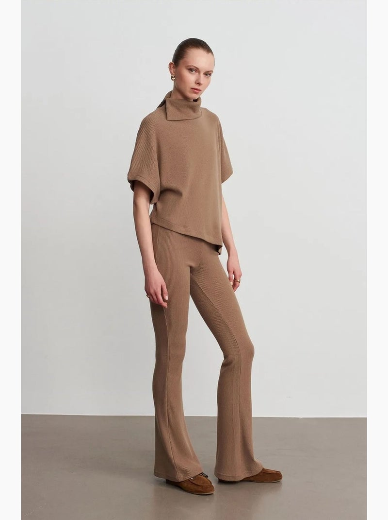 High-waist flared broek van tricot dilvin Camel - Kiabi