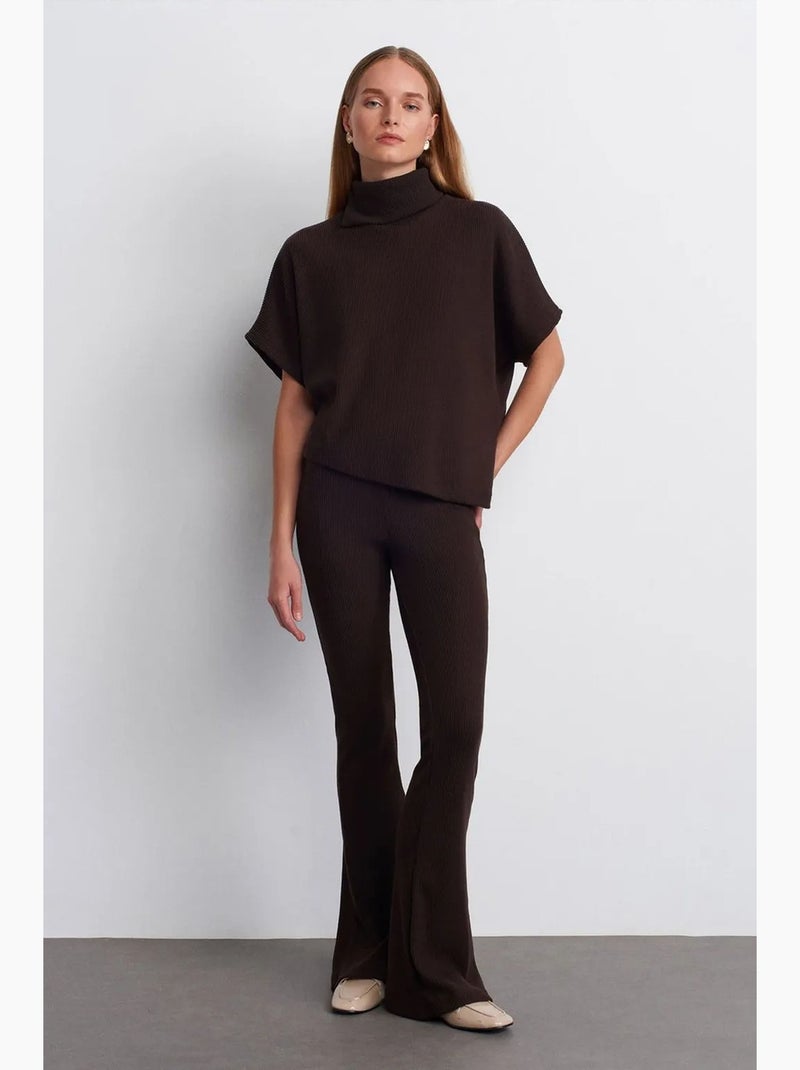 High-waist flared broek van tricot dilvin Chocoladebruin - Kiabi