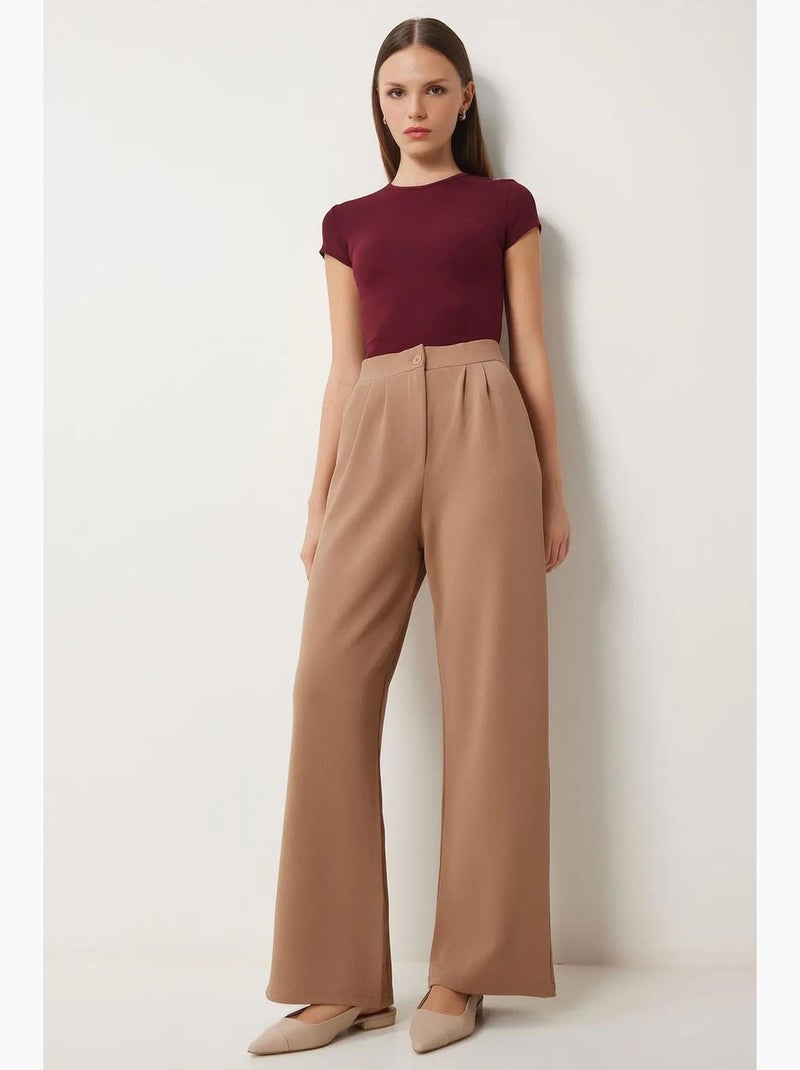 High-waist geplooide broek met wijde pijpen istanbul Lichtbeige - Kiabi