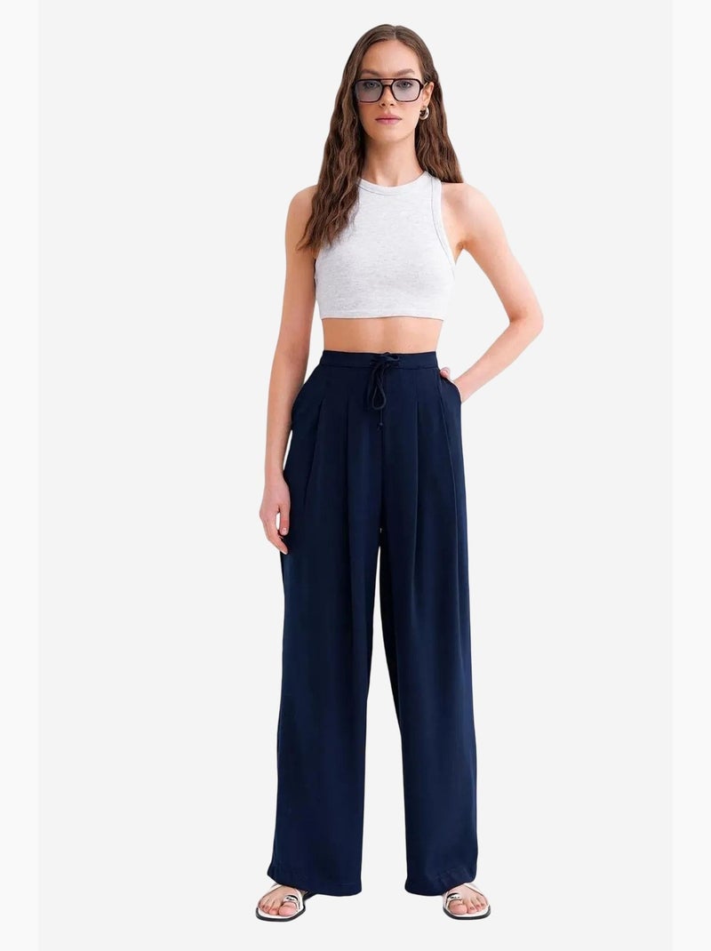 High-waist geplooide palazzo-broek mixray Marineblauw - Kiabi