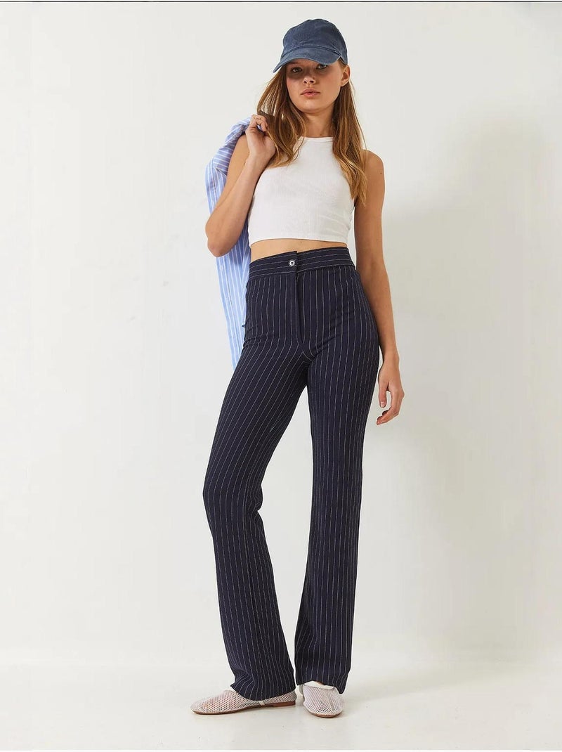 High waist gestreepte flared broek lucci Marineblauw - Kiabi