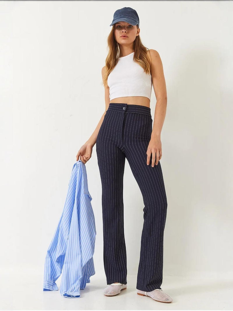 High waist gestreepte flared broek lucci Marineblauw - Kiabi
