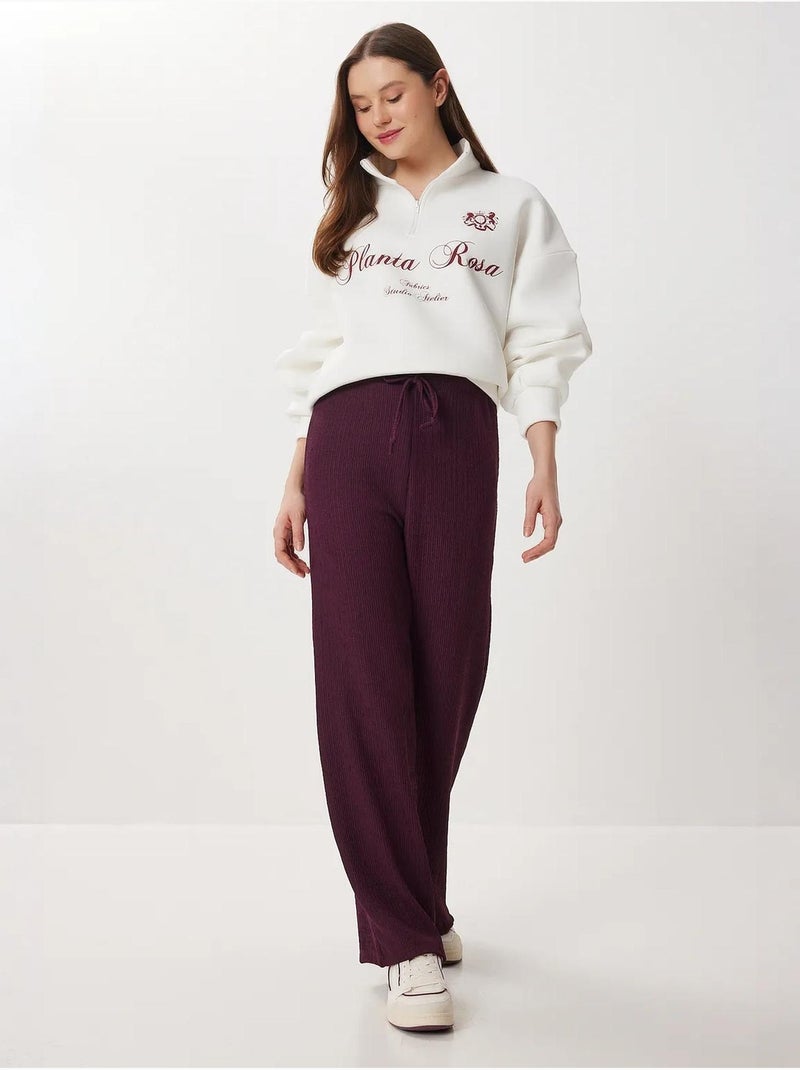 High-waist getextureerde broek met wijde pijpen istanbul Mauve - Kiabi