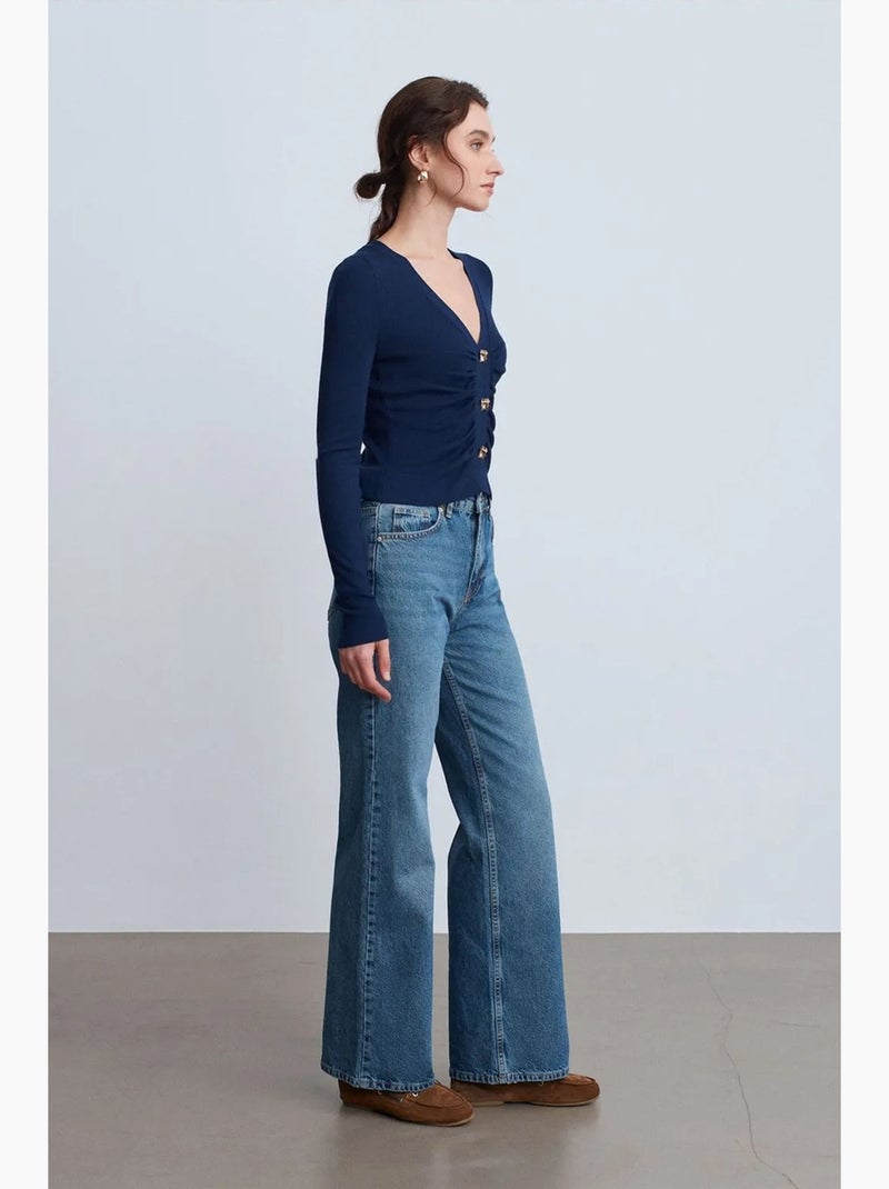 High-waist jeans van katoen met wijde pijp dilvin Saffierblauw - Kiabi