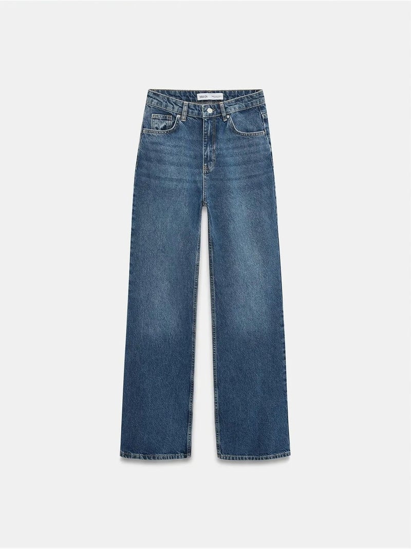 High-waist jeans van katoen met wijde pijp dilvin Saffierblauw - Kiabi