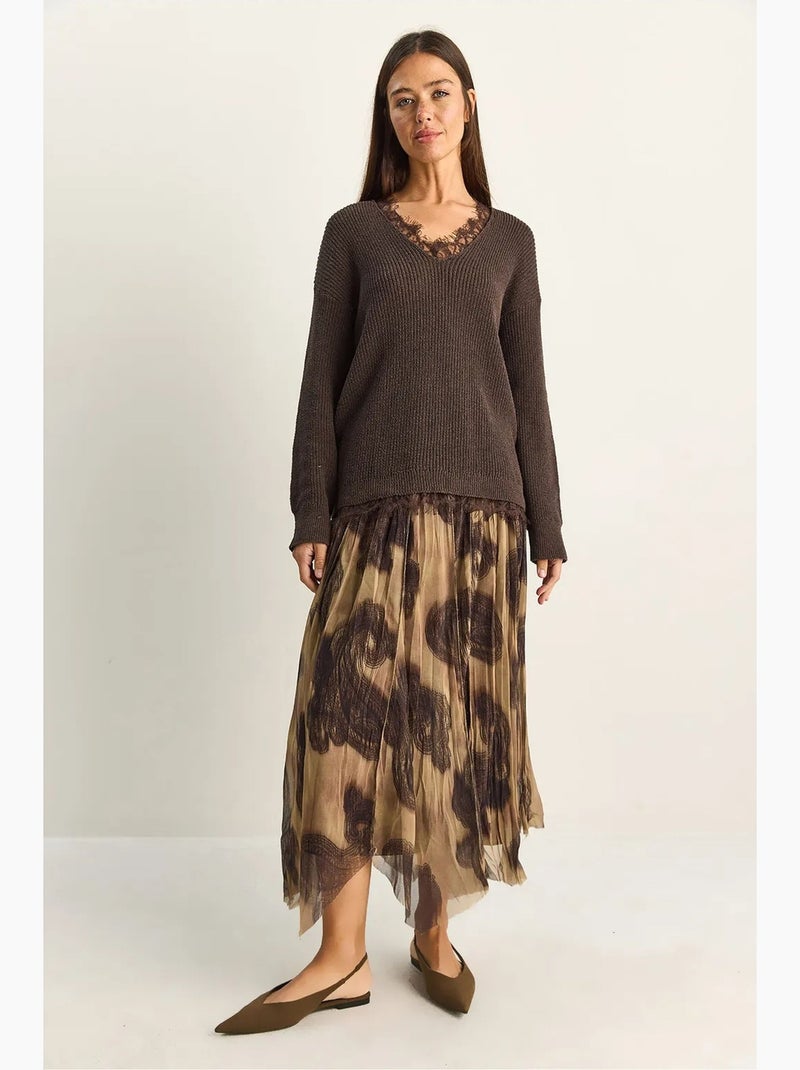 High-waist lange rok met etnische print lucci Greige - Kiabi