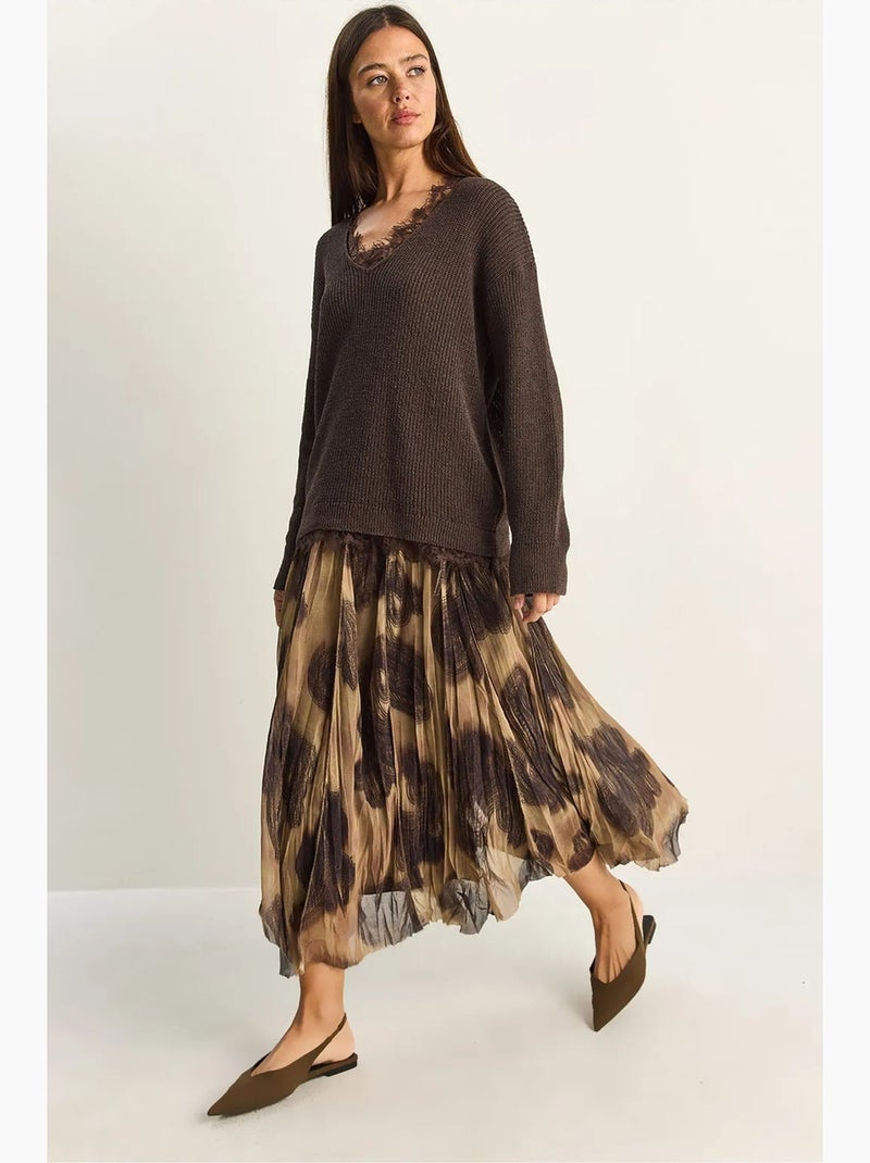 High-waist lange rok met etnische print lucci Greige - Kiabi