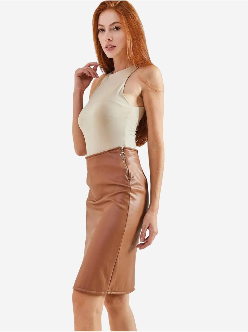 High-waist midi-rok van imitatieleer met split lucci Chocoladebruin - Kiabi
