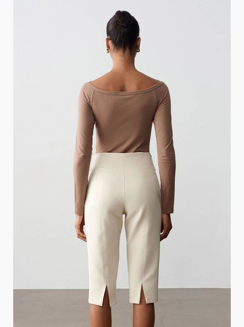 High-waist rechte capri shorts met split dilvin Crème - Kiabi