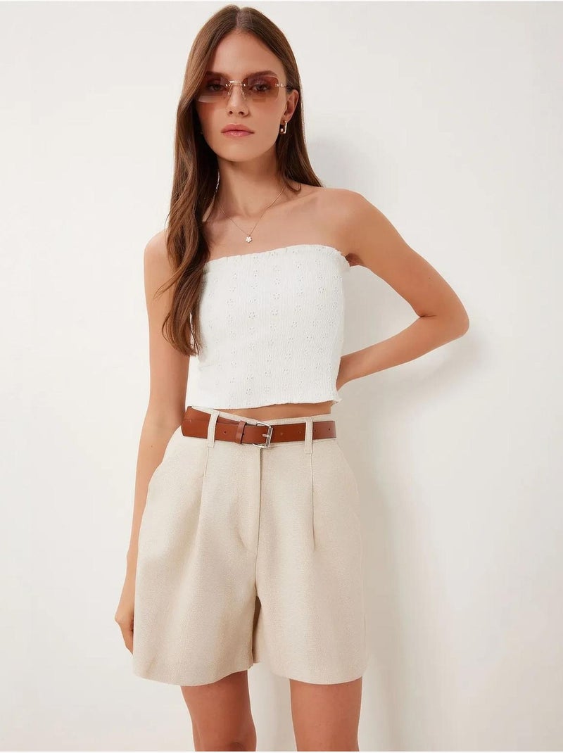High-waist short met ceintuur en wijde pijpen istanbul Klei-beige - Kiabi