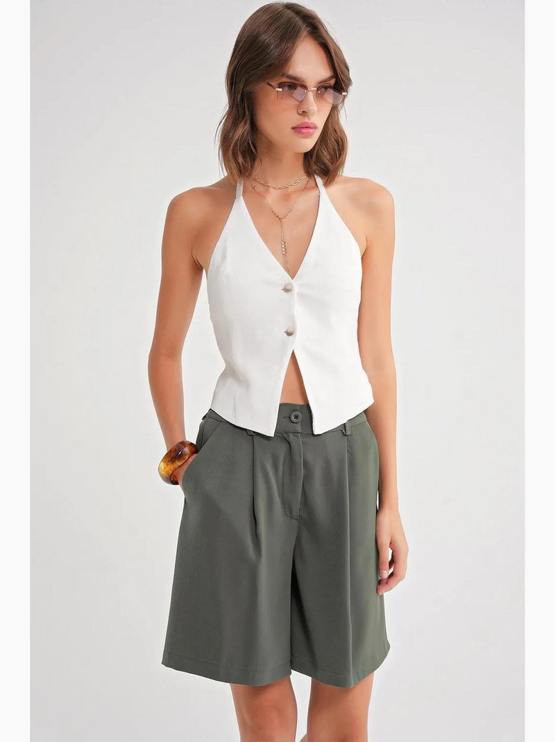 High-waist short met knopen en zakken mixray Kaki - Kiabi