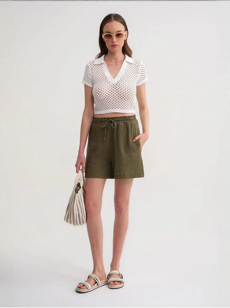 High-waist shorts met textuur en wijde pijpen mixray Kaki - Kiabi