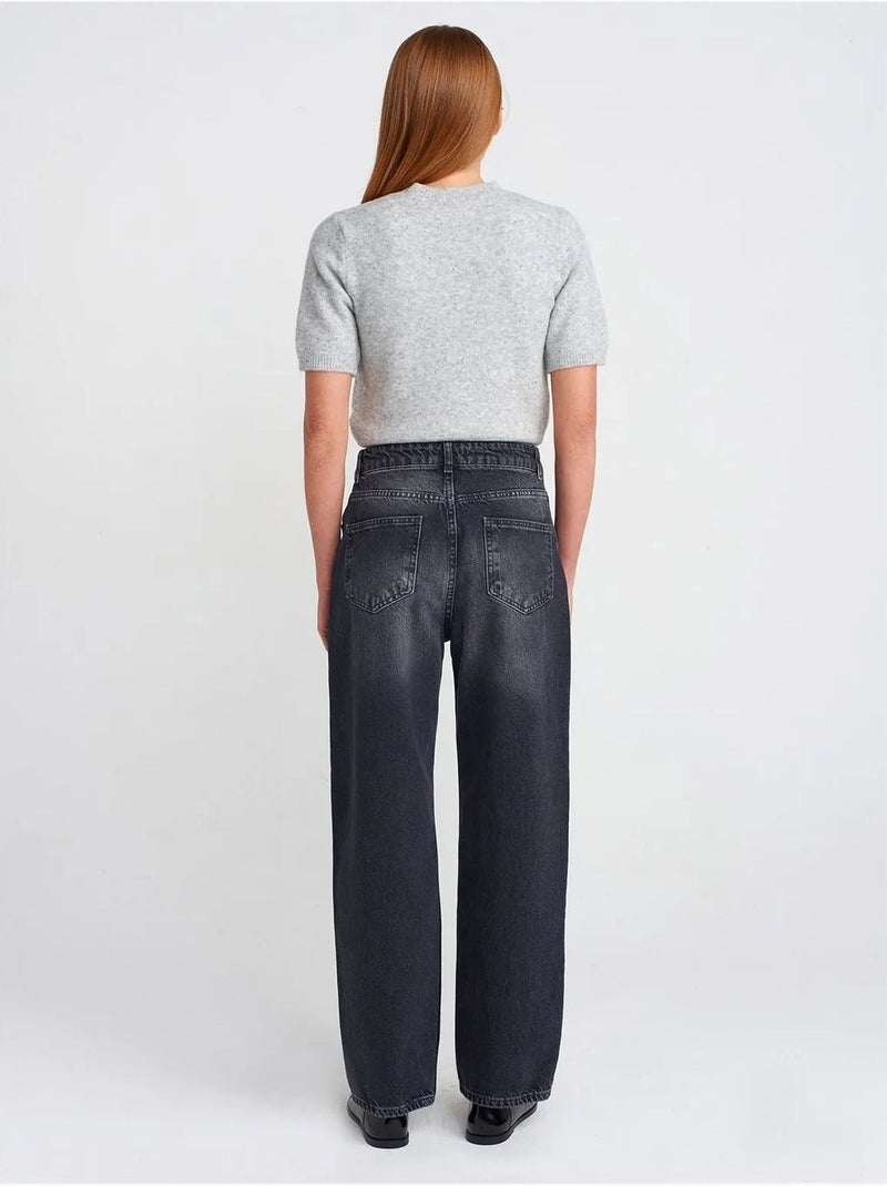 High-waist straight-leg jeans van katoen dilvin Donkergrijs - Kiabi