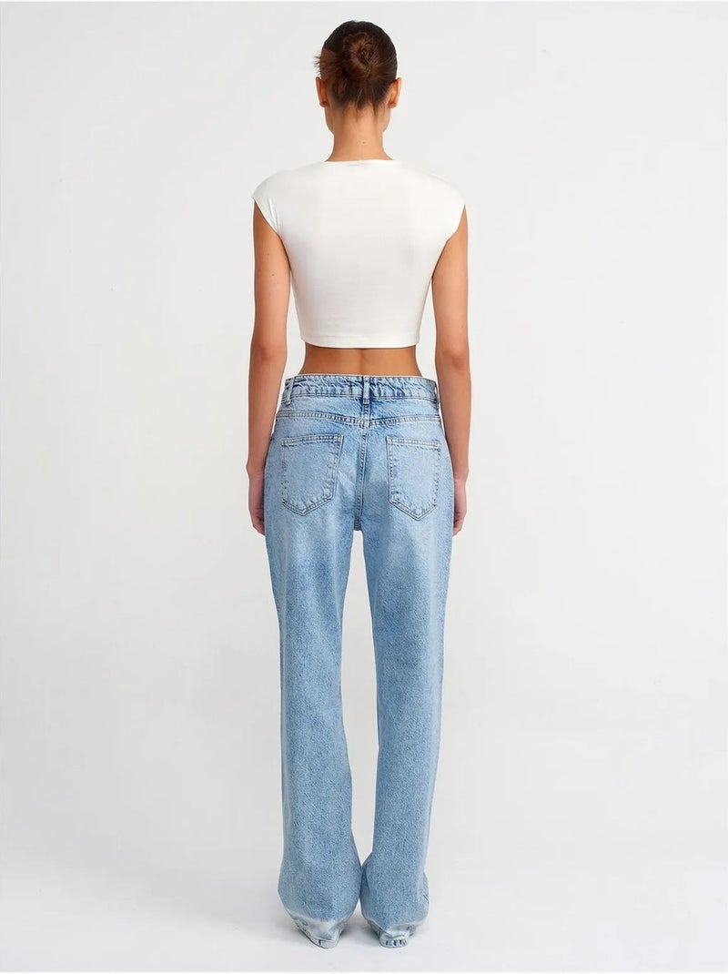 High-waist straight-leg jeans van katoendenim dilvin Saffierblauw - Kiabi