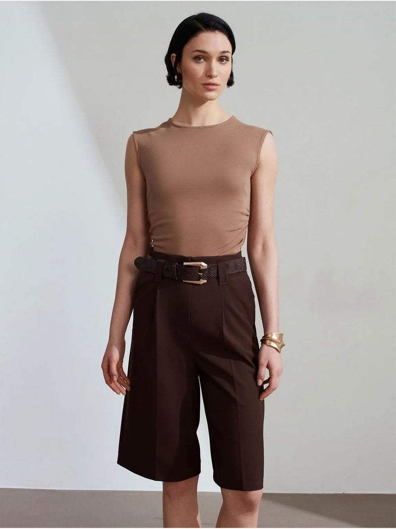 High-waist tailored short met ceintuur dilvin Chocoladebruin - Kiabi