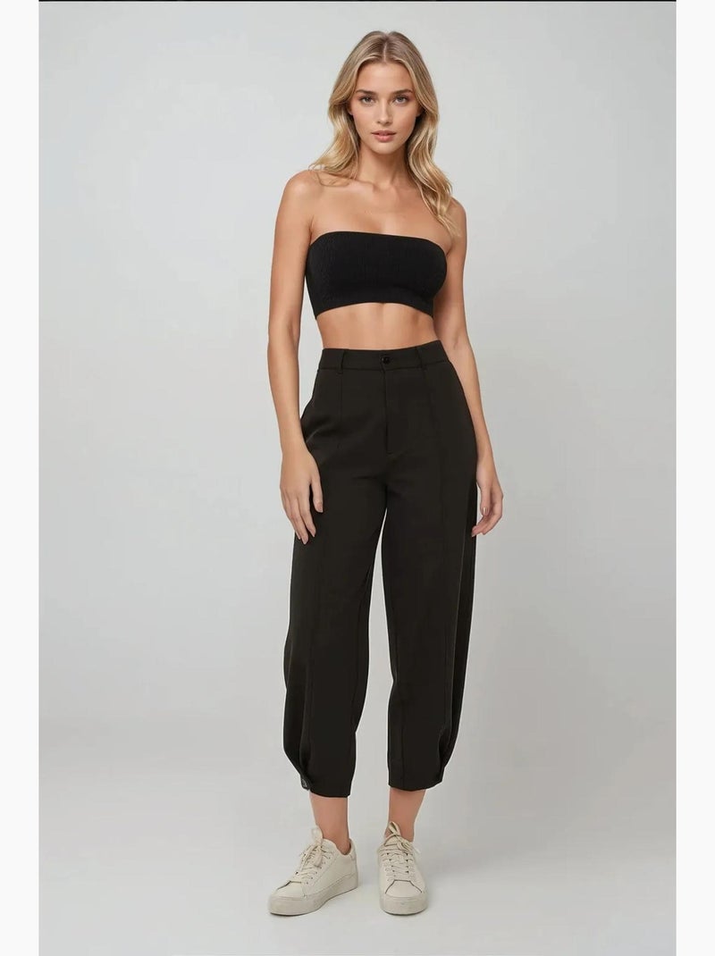 High-waist tapered broek met knoopdetail in de taille hiccup Zwart - Kiabi