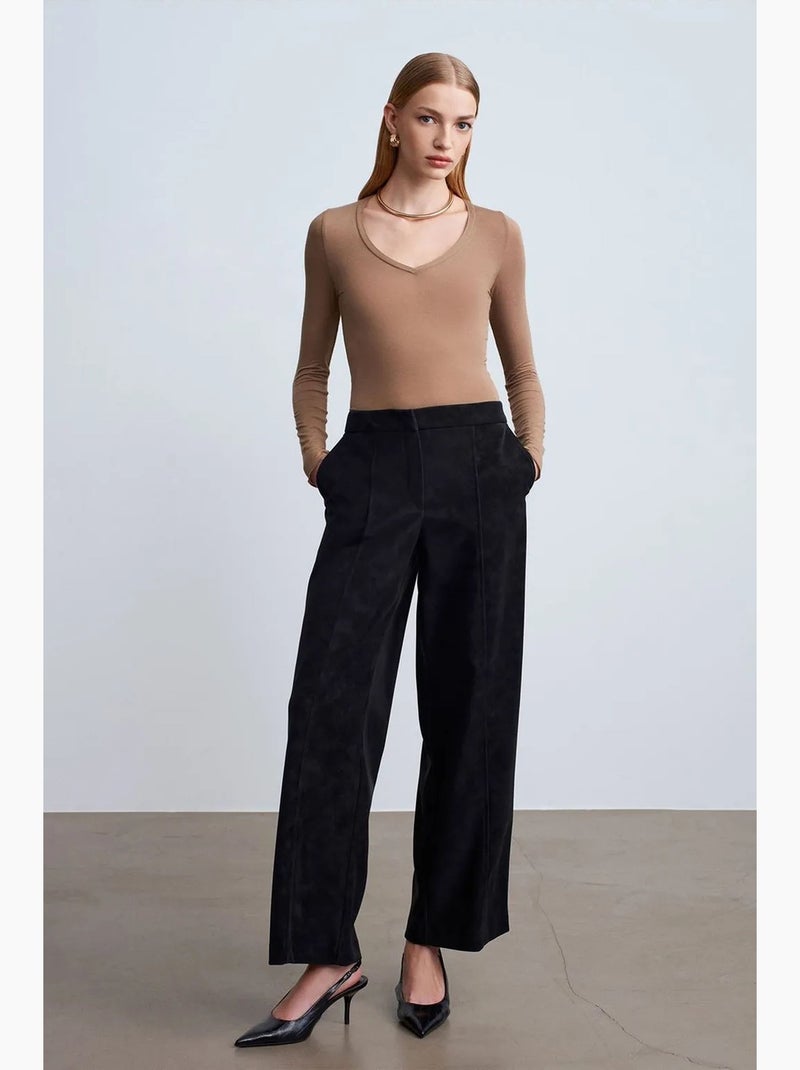 High-waist wide-leg broek van imitatie-suède dilvin Zwart - Kiabi