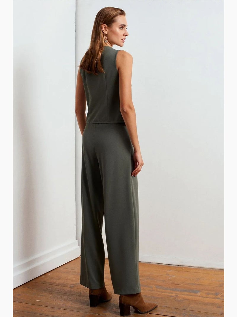 High-waist wide-leg crêpe broek dilvin Kaki - Kiabi