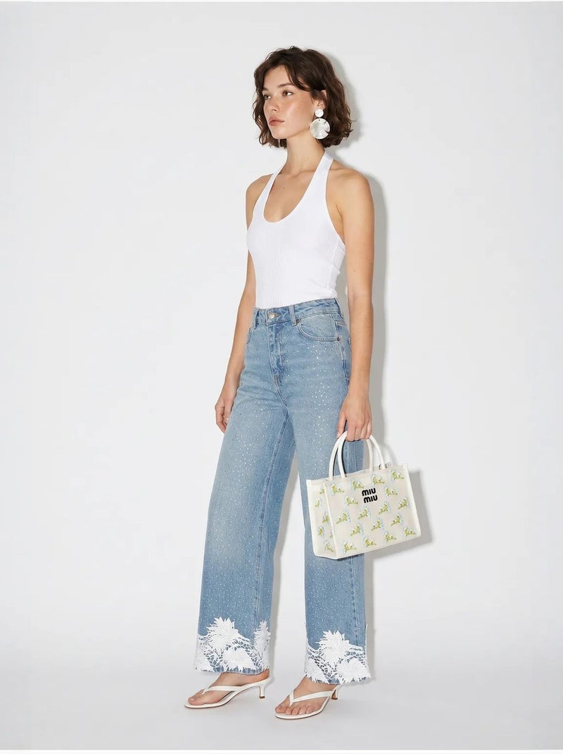 High-waist wide-leg jeans met borduursel lucci Lichtblauw - Kiabi