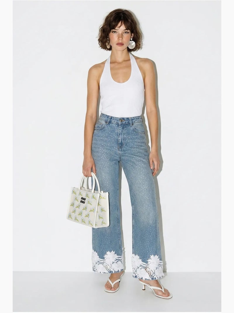 High-waist wide-leg jeans met borduursel lucci Lichtblauw - Kiabi