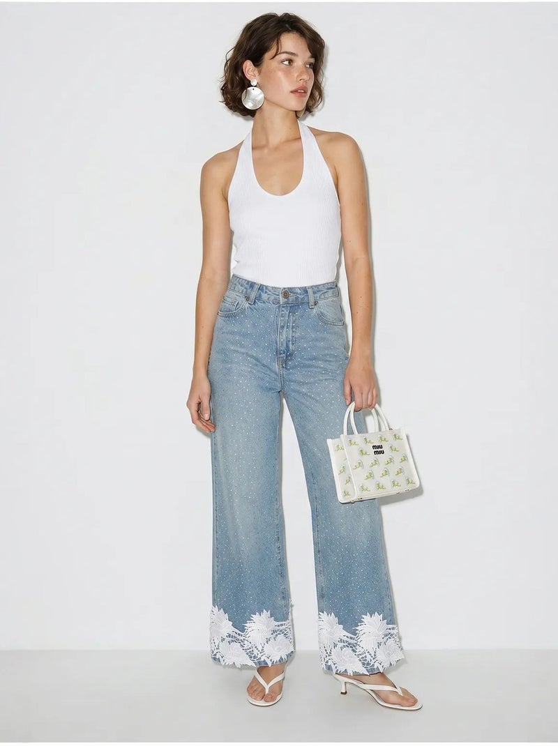 High-waist wide-leg jeans met borduursel lucci Lichtblauw - Kiabi