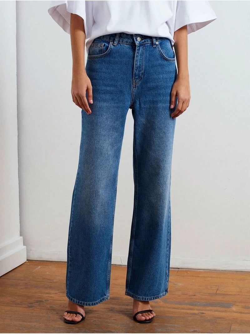High-waist wide-leg jeans van denim dilvin Saffierblauw - Kiabi