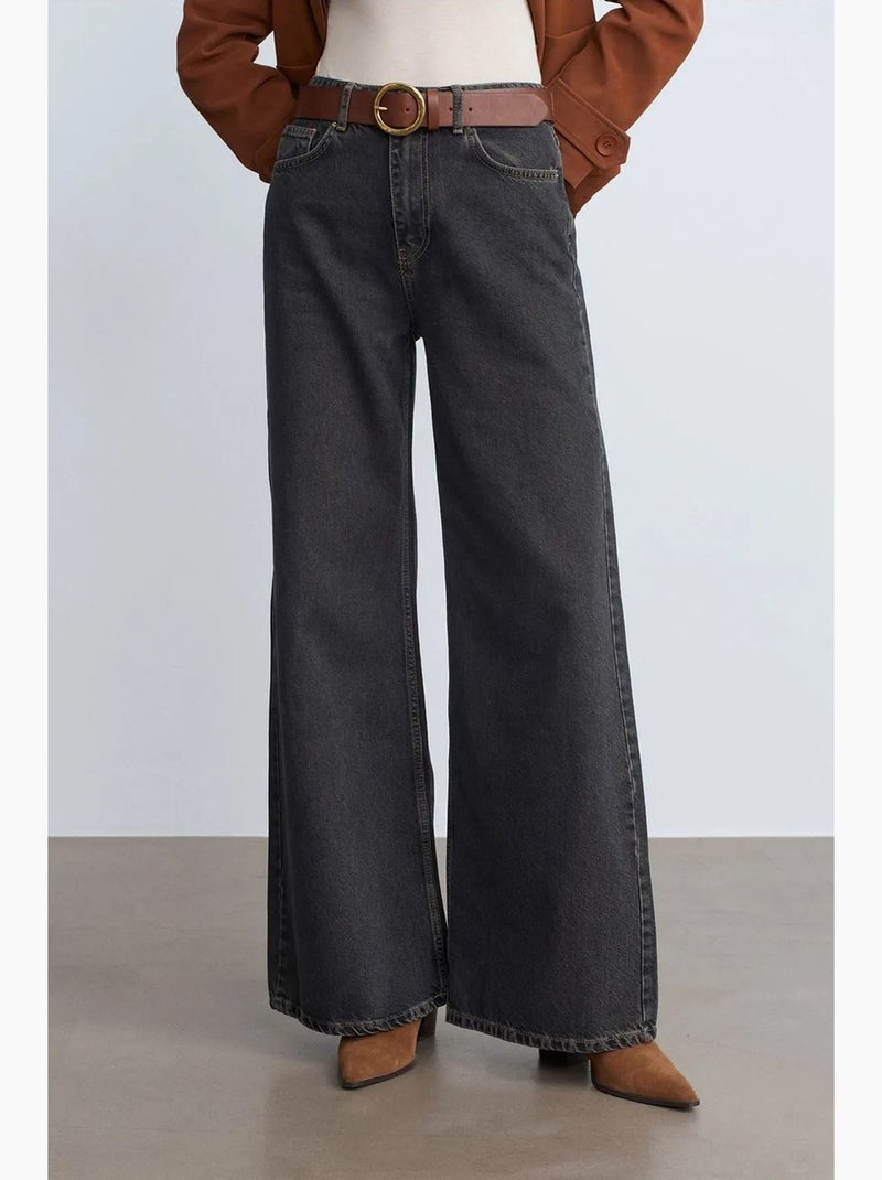 High-waist wide-leg jeans van katoen-denim dilvin Grijs Zwart - Kiabi