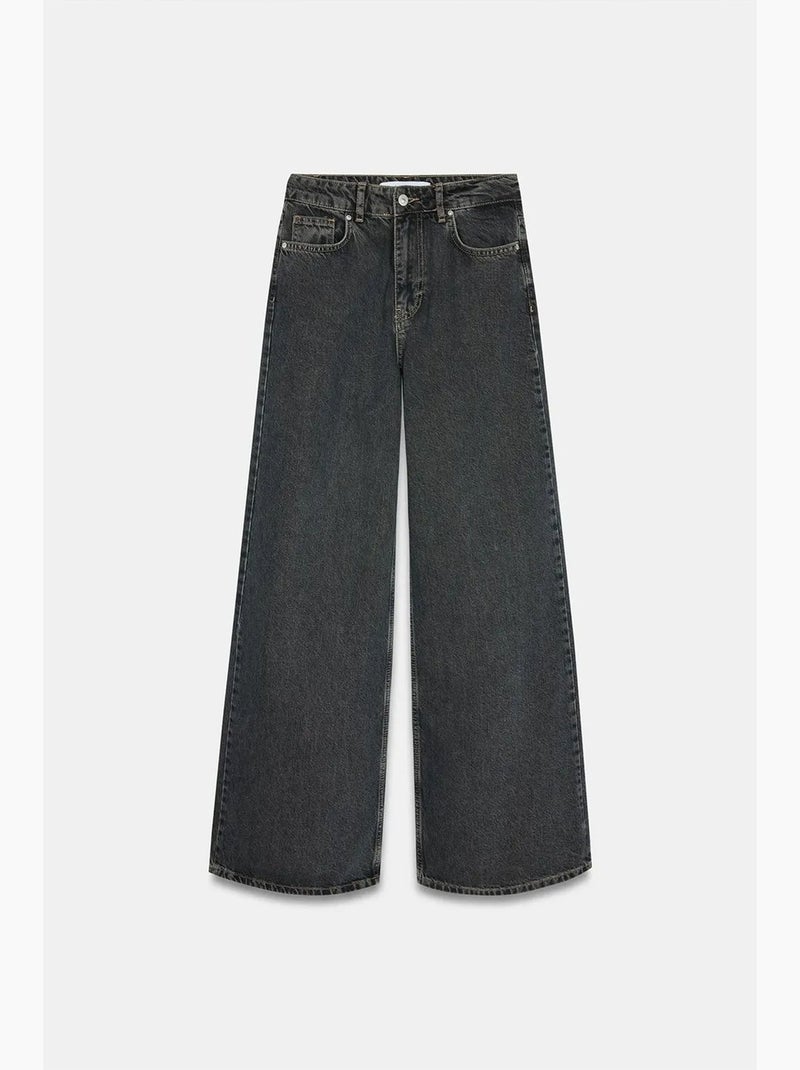 High-waist wide-leg jeans van katoen-denim dilvin Grijs Zwart - Kiabi