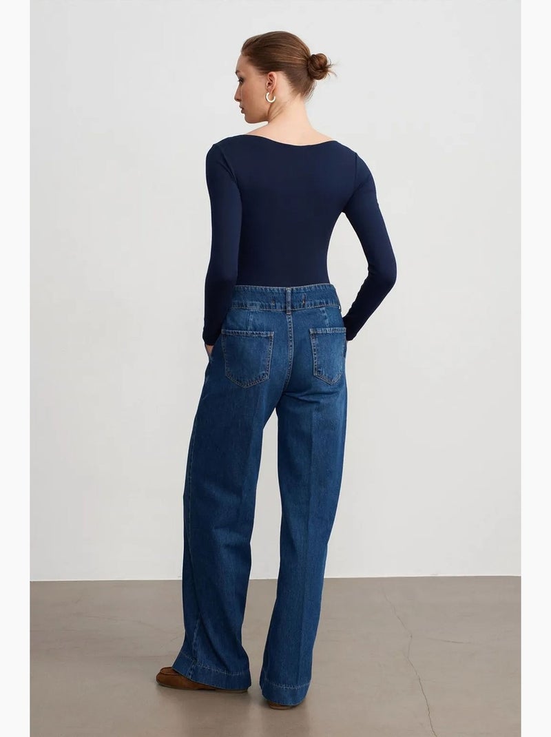 High-waist wide-leg jeans van katoen dilvin Saffierblauw - Kiabi