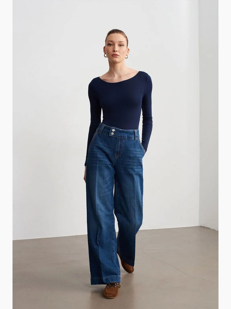 High-waist wide-leg jeans van katoen dilvin Saffierblauw - Kiabi