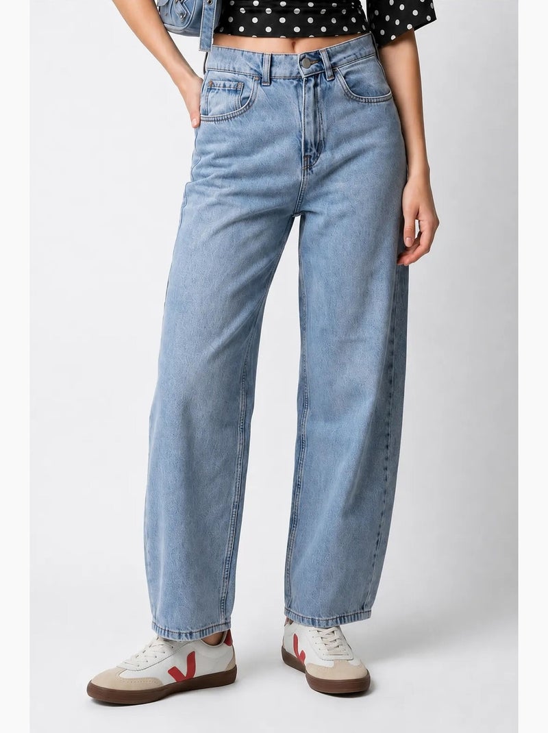 High-waist wide-leg jeans van katoen mixray Saffierblauw - Kiabi
