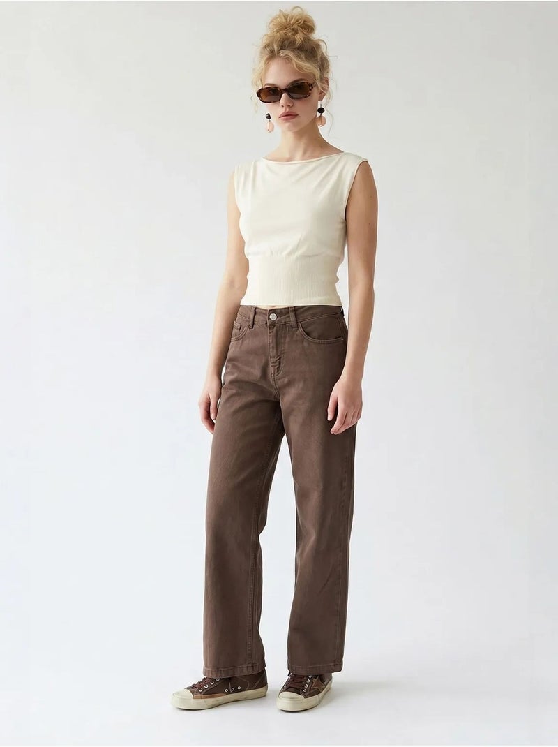 High-waist wide-leg katoenen jeans mixray Bruin - Kiabi