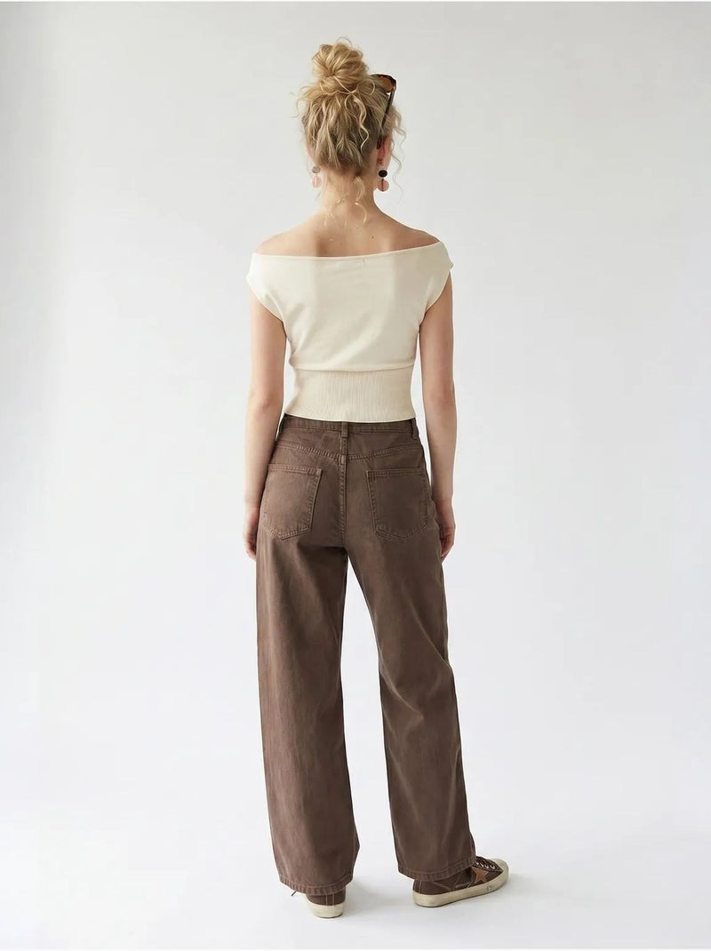 High-waist wide-leg katoenen jeans mixray Bruin - Kiabi