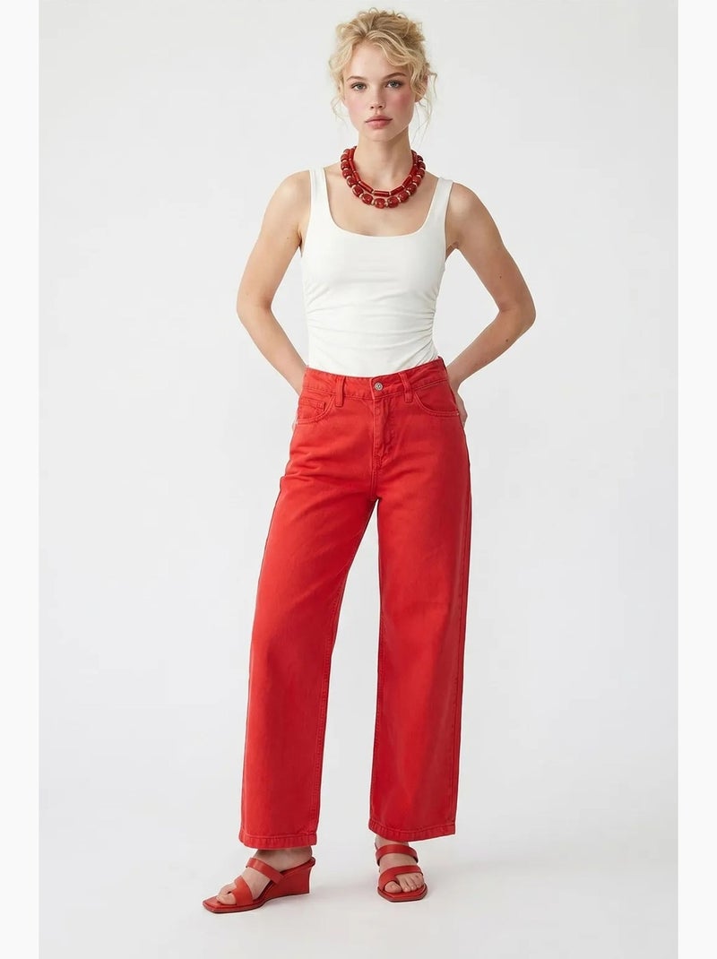 High-waist wide-leg katoenen jeans mixray Rood - Kiabi