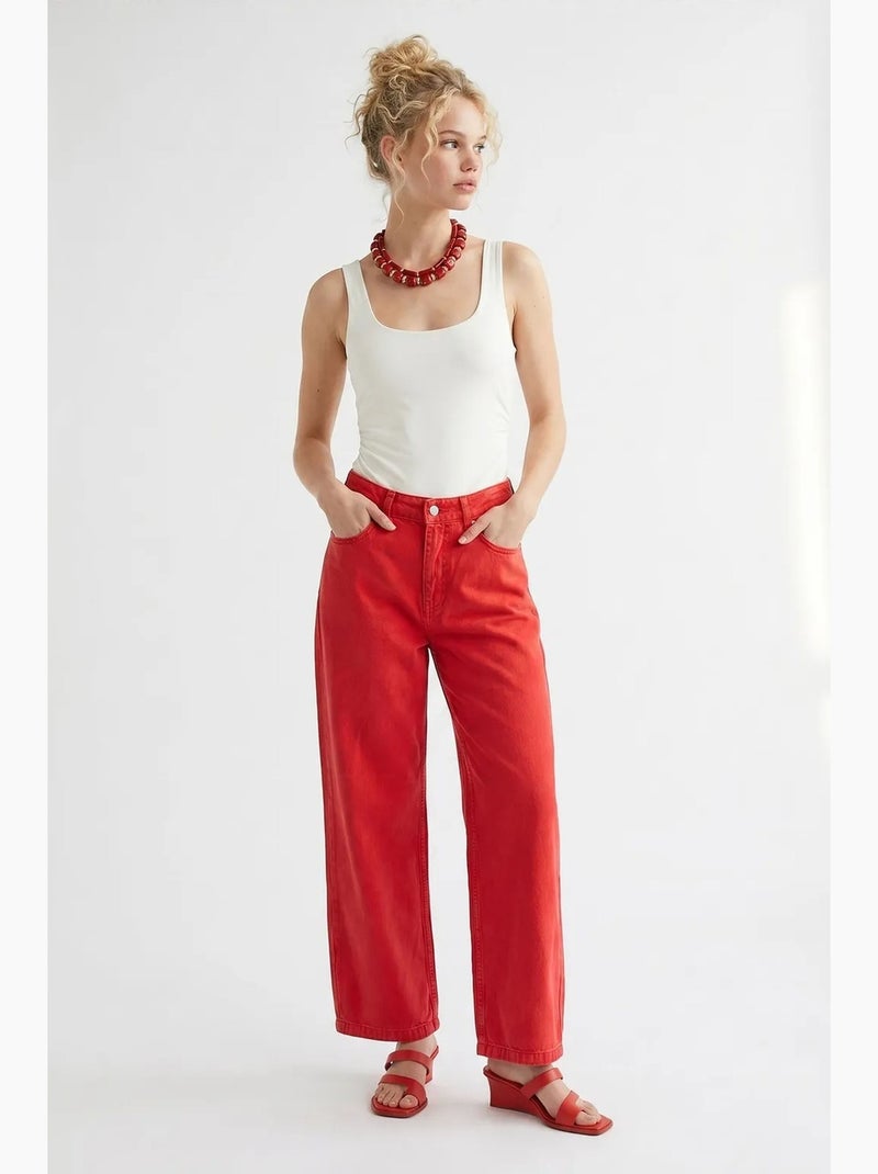 High-waist wide-leg katoenen jeans mixray Rood - Kiabi