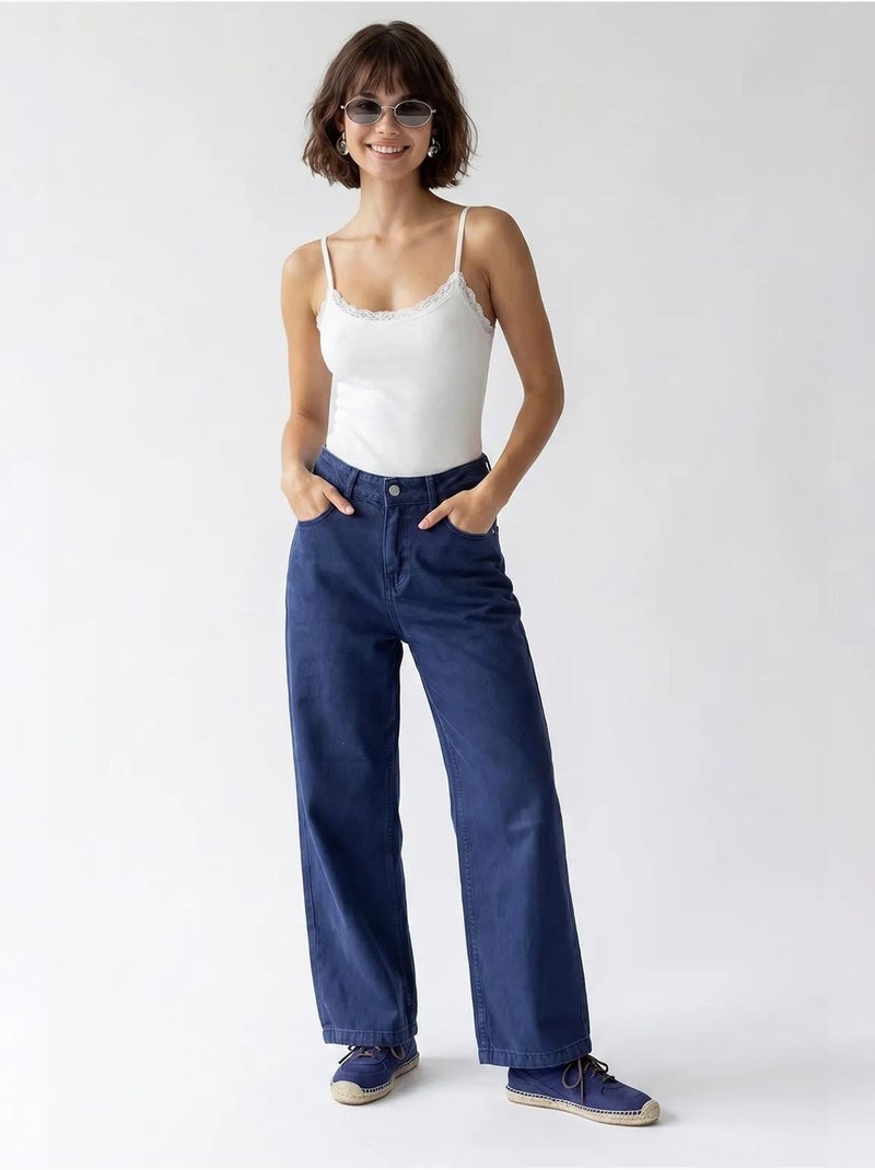 High-waist wide-leg katoenen jeans mixray Ultramarijnblauw - Kiabi