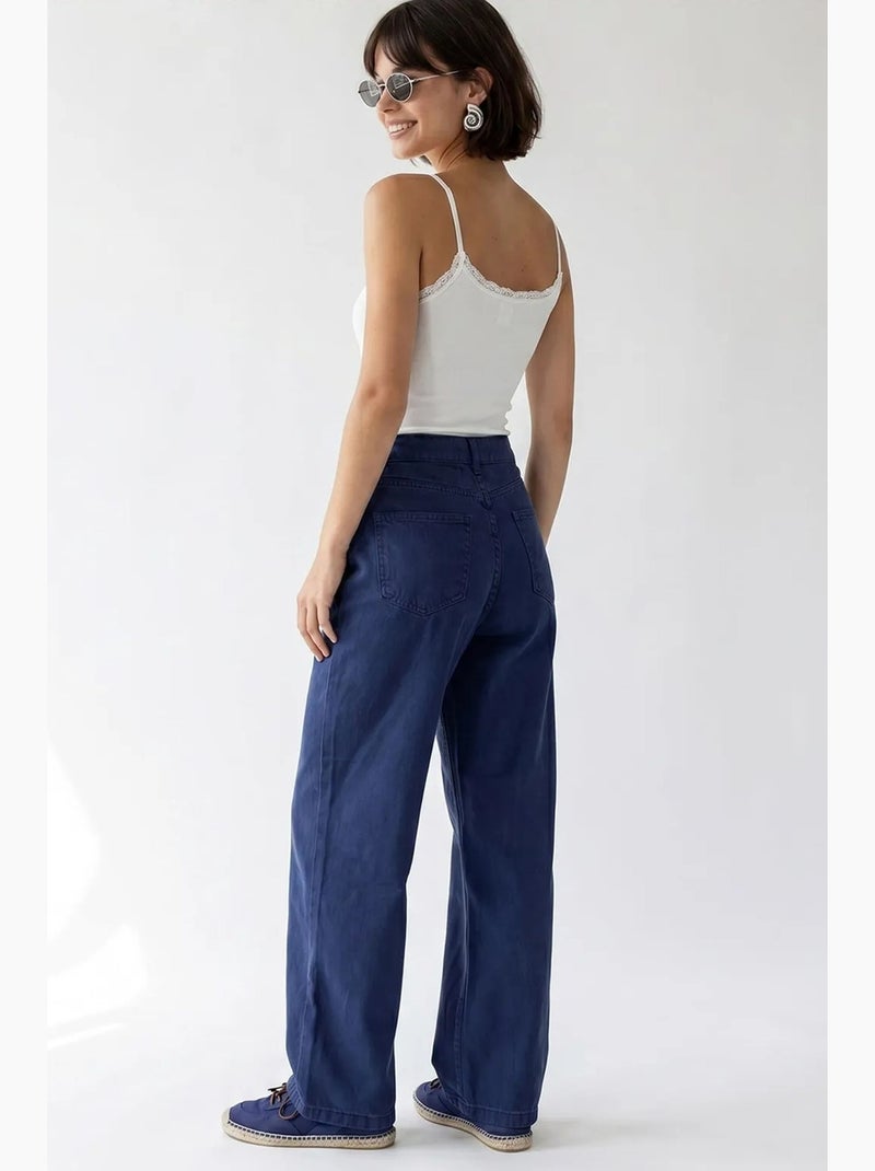 High-waist wide-leg katoenen jeans mixray Ultramarijnblauw - Kiabi
